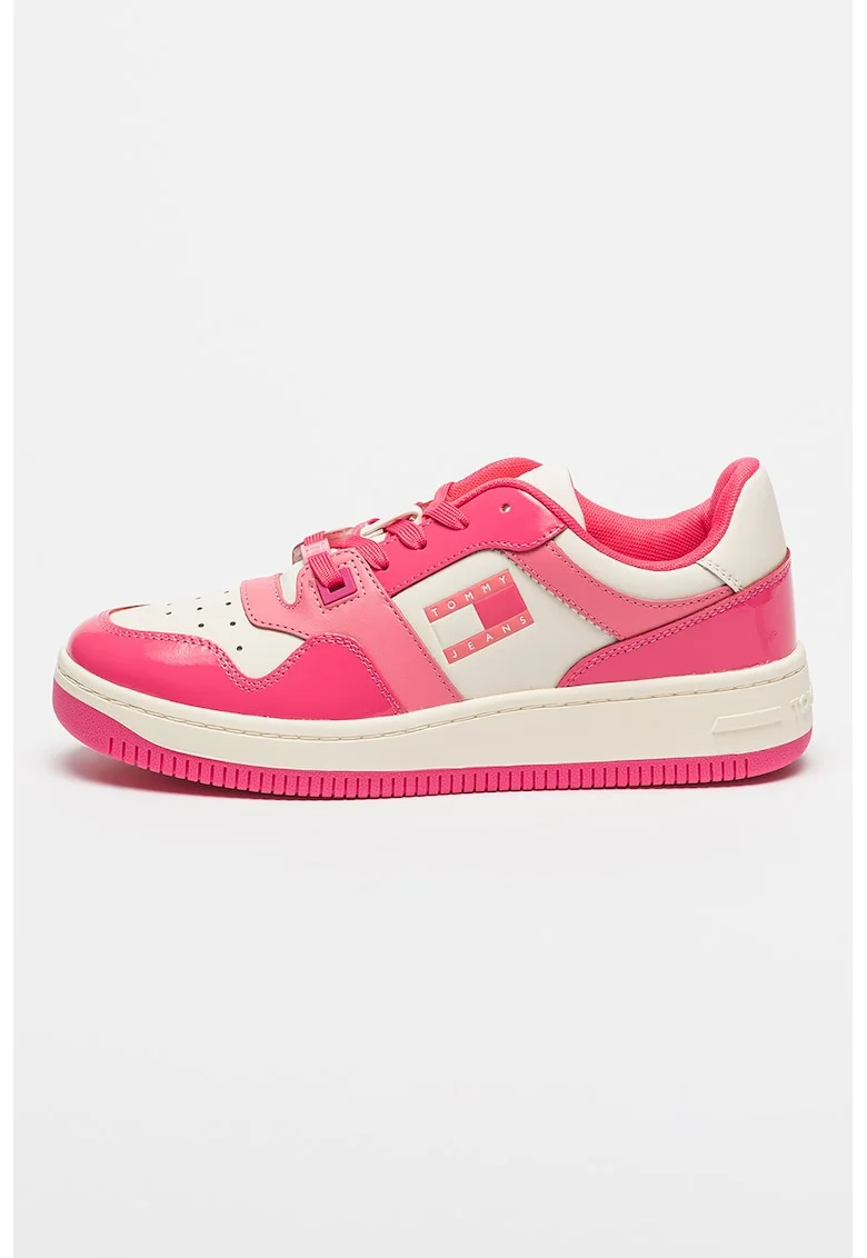 Pantofi sport din piele cu logo, Alb/Fucsia