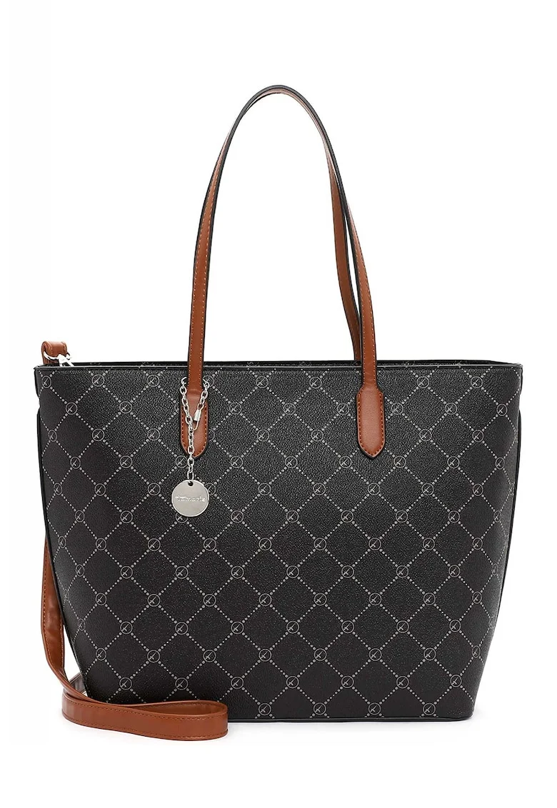 Geanta shopper de piele ecologica cu model logo, Negru/Maro