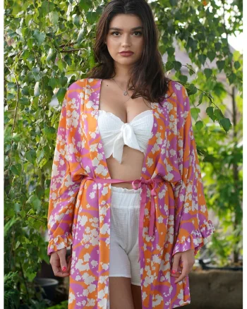 Chimono cu model si maneci cazute, Alb/Portocaliu/Roz