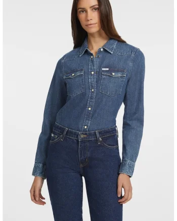 Camasa din denim cu buzunare pe piept, Albastru inchis