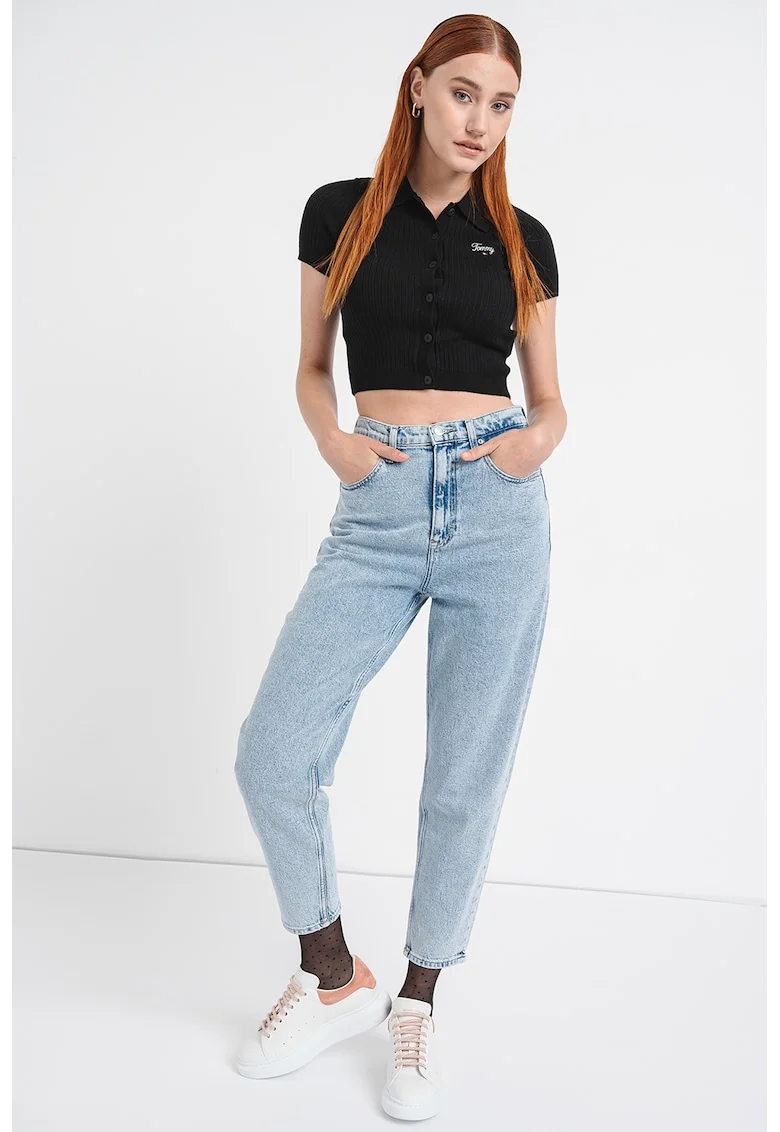 Pulover crop striat cu decolteu polo, Negru