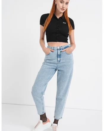 Pulover crop striat cu decolteu polo, Negru