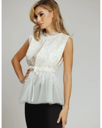 Bluza fara maneci cu paiete, Alb optic