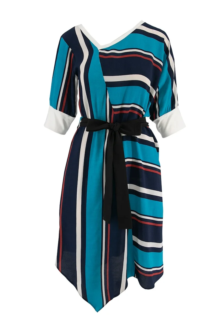 Rochie cu model colorblock si terminatie colorblock, Alb/Negru/Albastru