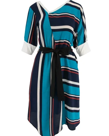 Rochie cu model colorblock si terminatie colorblock, Alb/Negru/Albastru