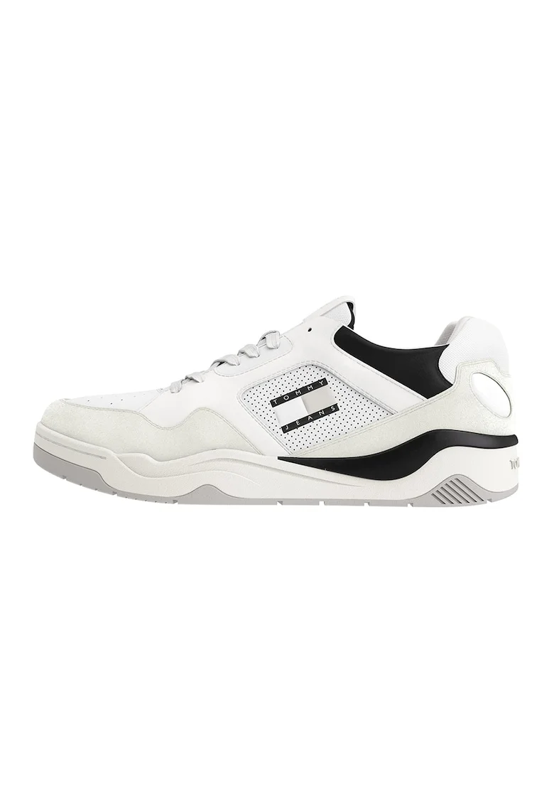 Pantofi sport de piele cu insertii de piele intoarsa, Alb fildes/Negru