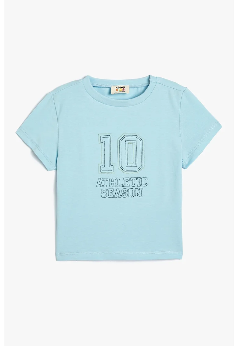 Tricou cu decolteu la baza gatului si text in relief, Albastru deschis
