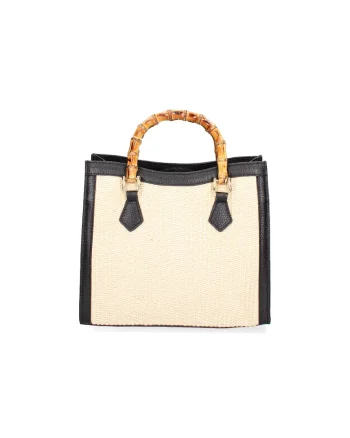 Geanta de piele si material textil cu maner, Negru/Bej