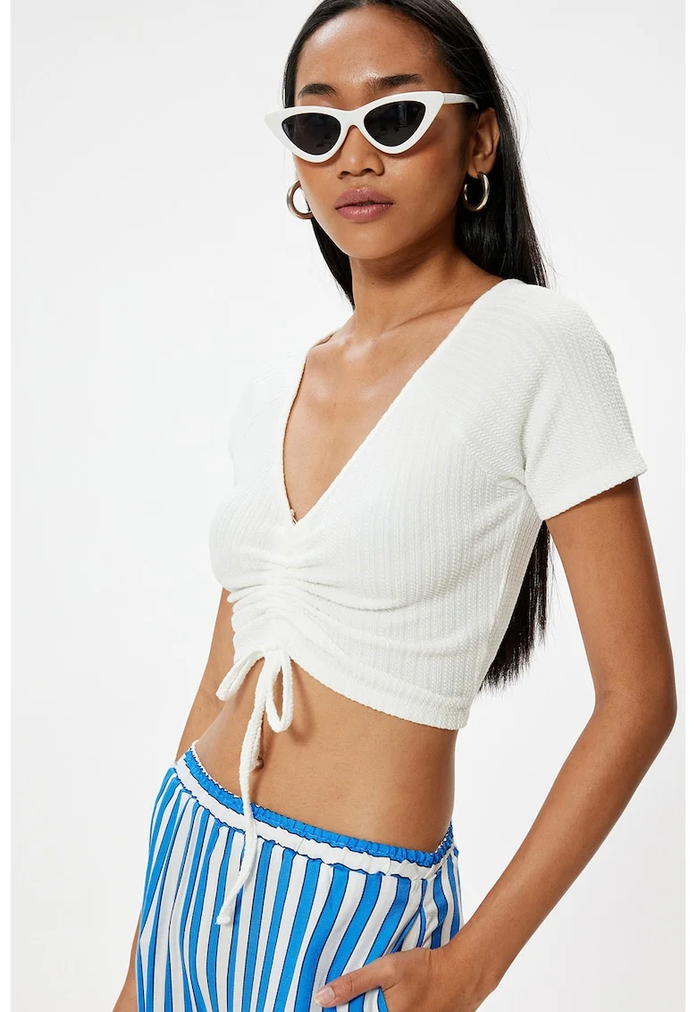 Tricou texturat cu decolteu in V, Alb