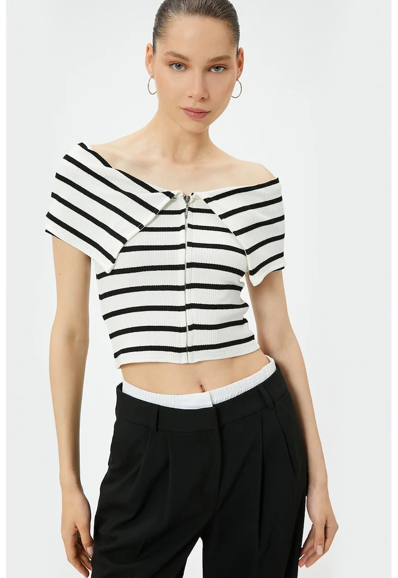 Bluza crop cu dungi si decolteu pe umeri, Alb/Negru