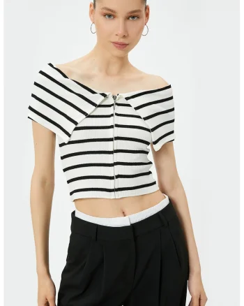 Bluza crop cu dungi si decolteu pe umeri, Alb/Negru