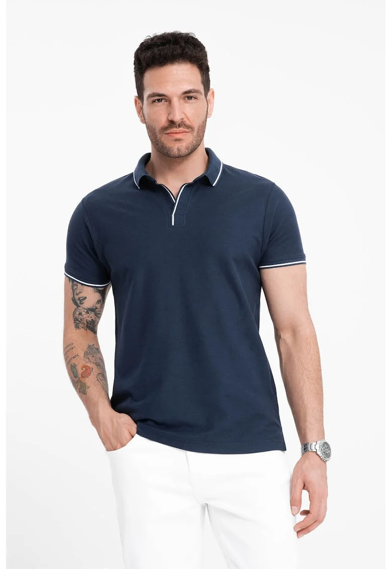 Tricou polo cu vipusca contrastanta, Bleumarin