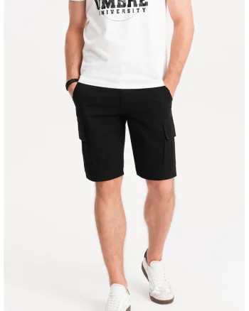 Pantaloni scurti cargo din amestec de bumbac cu buzunare multiple, Negru