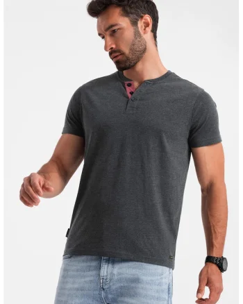 Tricou cu model uni si decolteu henley, Negru stins