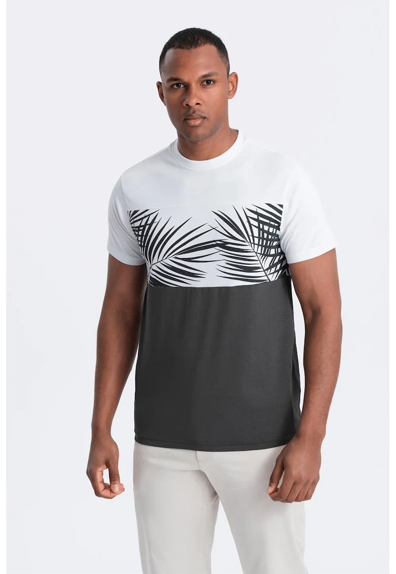 Tricou din bumbac cu imprimeu tropical, Alb/Gri inchis