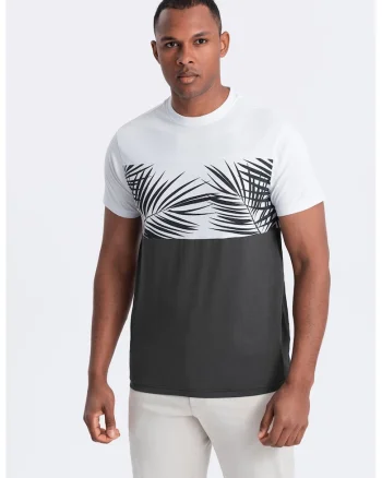 Tricou din bumbac cu imprimeu tropical, Alb/Gri inchis