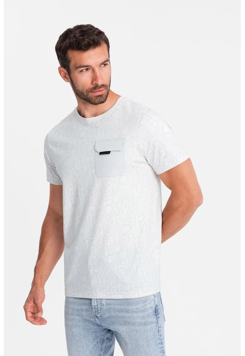 Tricou cu model si buzunar pe piept, Gri deschis/Alb murdar