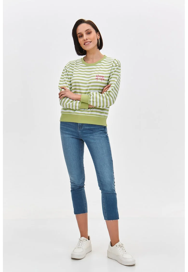 Bluza de trening cu model in dungi si broderie text, Alb/Verde fistic