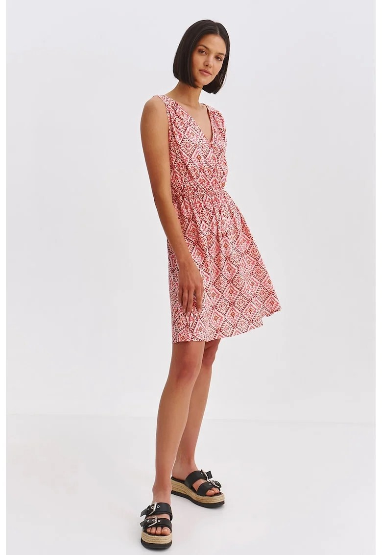 Rochie evazata cu decolteu in V si imprimeu geometric, Rosu/Alb fildes