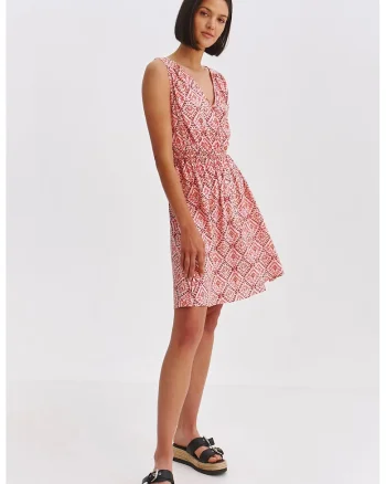 Rochie evazata cu decolteu in V si imprimeu geometric, Rosu/Alb fildes