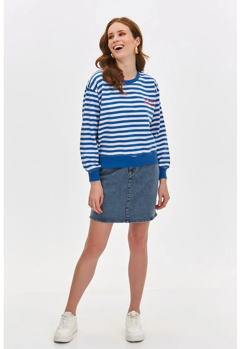 Bluza de trening cu model in dungi si maneci cazute, Alb/Turcoaz