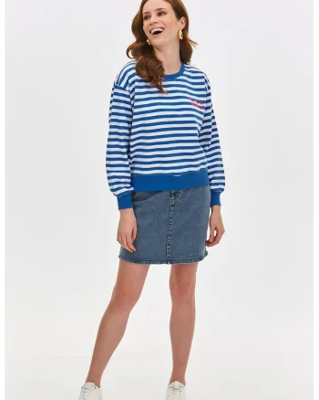 Bluza de trening cu model in dungi si maneci cazute, Alb/Turcoaz