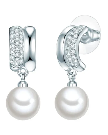 Cercei drop cu zirconia si perle shell 32019, Argintiu