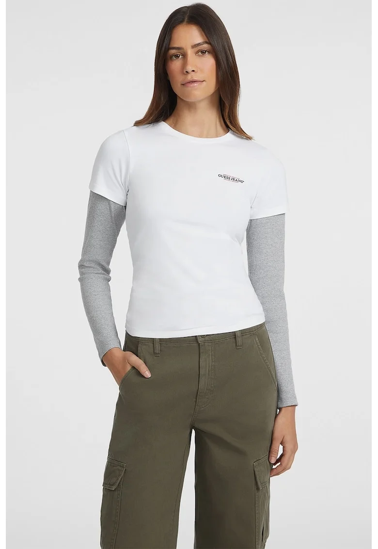 Tricou slim fit cu decolteu la baza gatului, Alb