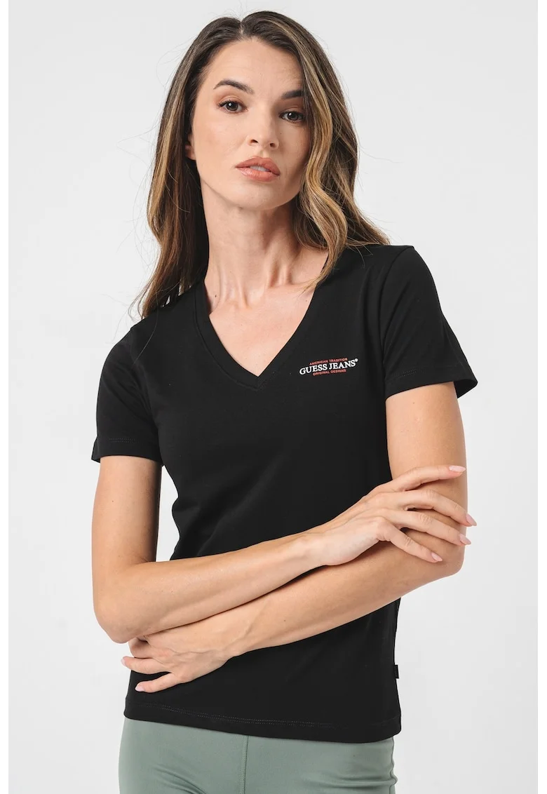 Tricou slim fit cu decolteu in V America, Negru