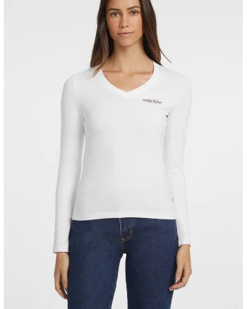 Bluza cu decolteu in V si imprimeu logo, Alb