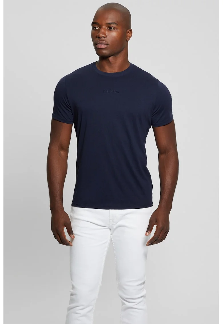 Tricou din bumbac cu decolteu la baza gatului, Bleumarin