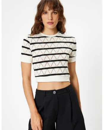Tricou crop tricotat, Negru/Alb murdar