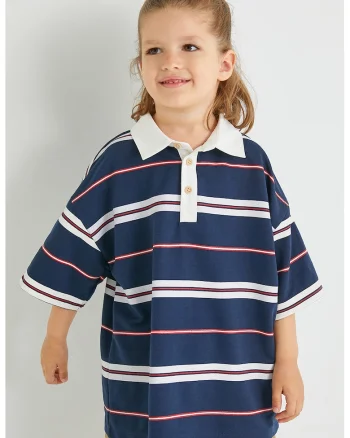 Tricou polo lejer cu dungi, Alb/Bleumarin