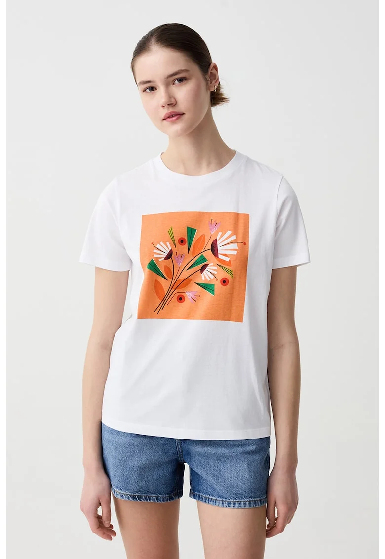 Tricou de bumbac cu imprimeu foto, Alb/Portocaliu