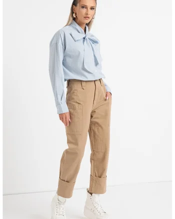 Pantaloni drepti cu talie inalta din amestec de in Anais, Bej