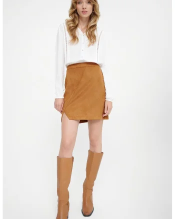 Fusta cu talie inalta si slit lateral, Caramel
