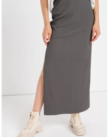 Fusta dreapta maxi cu slit lateral, Gri inchis