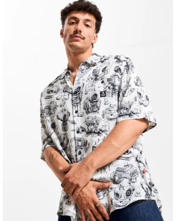 Camasa unisex supradimensionata cu imprimeu, Alb/Negru