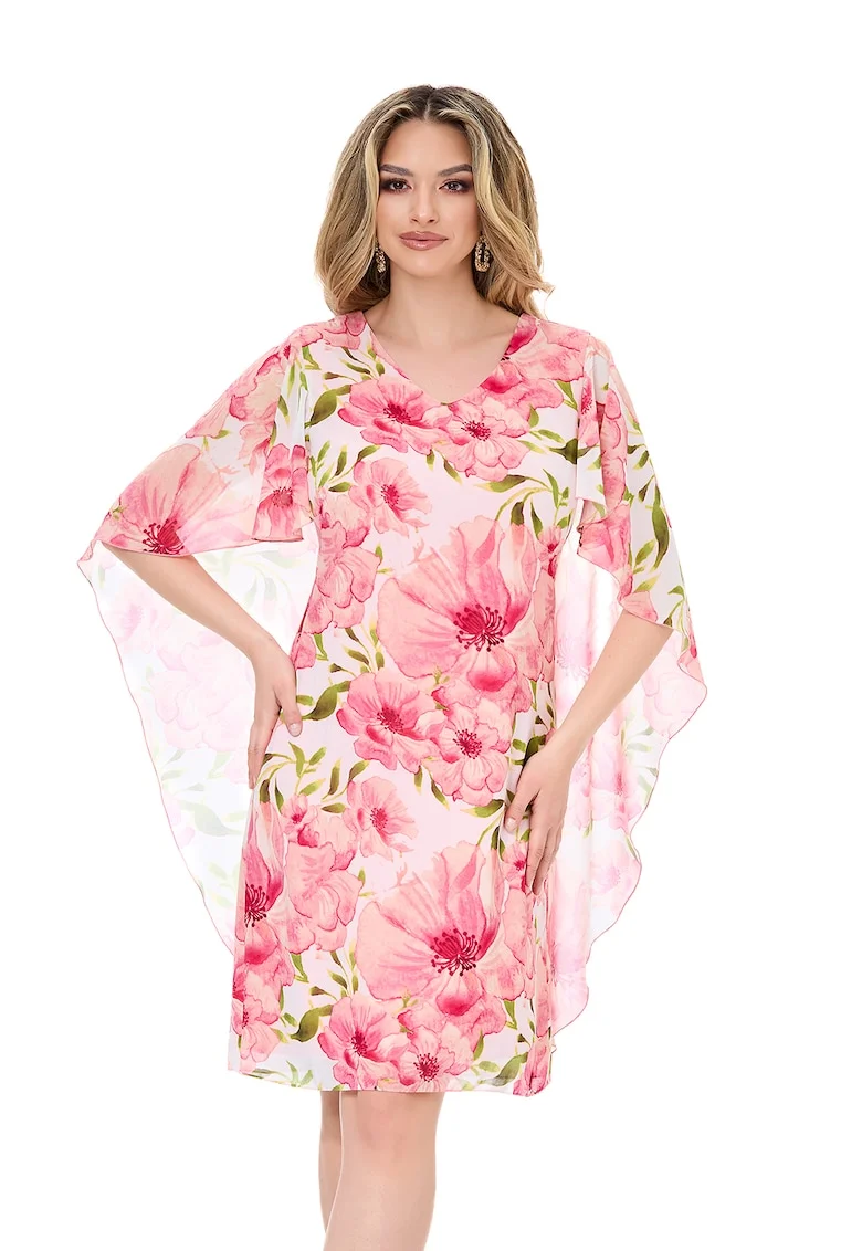 Rochie-capa cu decolteu in V, Alb/Verde/Roz