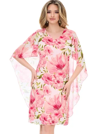 Rochie-capa cu decolteu in V, Alb/Verde/Roz