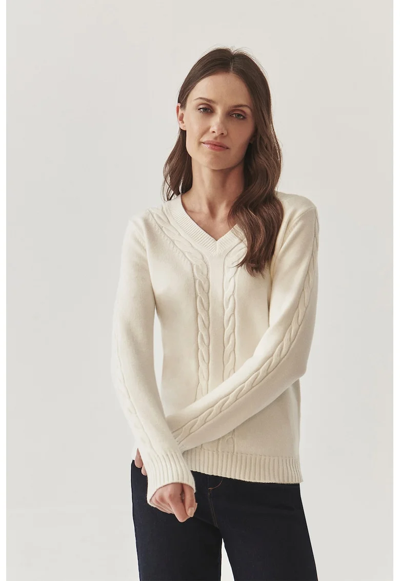 Pulover cu decolteu in V si model torsade Wira, Crem