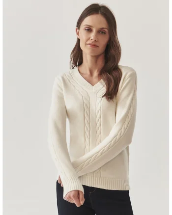 Pulover cu decolteu in V si model torsade Wira, Crem