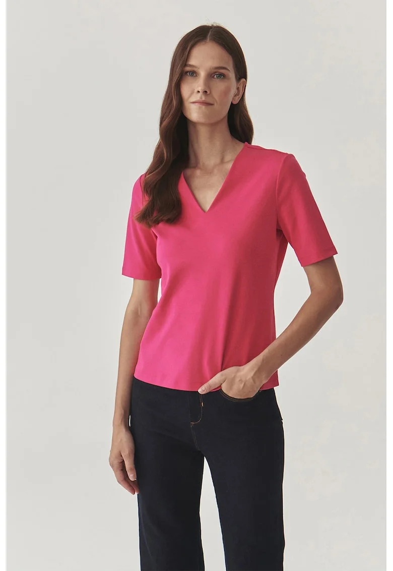 Bluza de bumbac cu maneci scurte si decolteu in V Victa, Fucsia