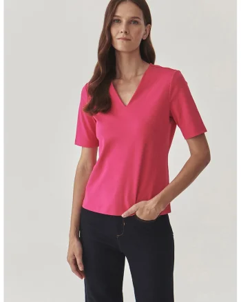 Bluza de bumbac cu maneci scurte si decolteu in V Victa, Fucsia