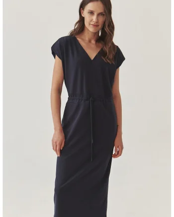 Rochie midi cu decolteu in V si cordon in talie Mandy, Bleumarin
