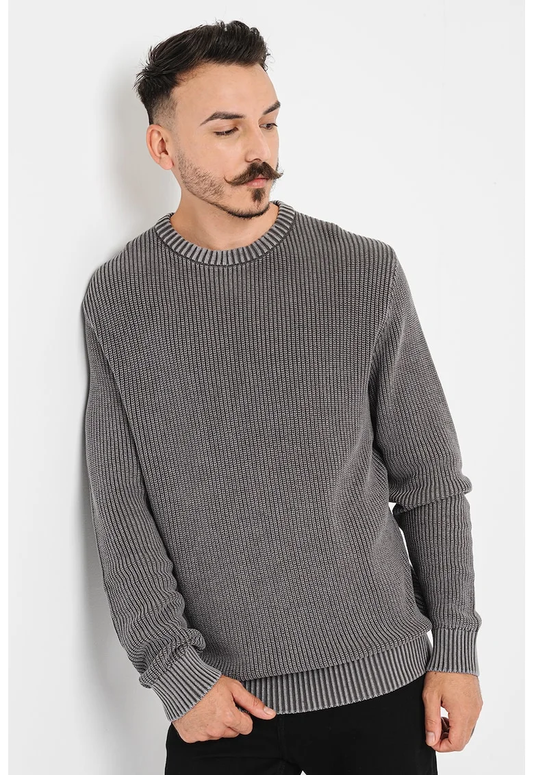 Pulover de bumbac cu aspect texturat, Alb murdar/Gri inchis