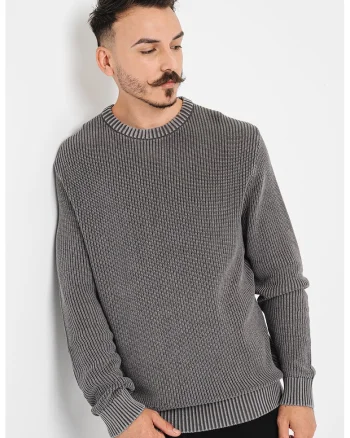 Pulover de bumbac cu aspect texturat, Alb murdar/Gri inchis