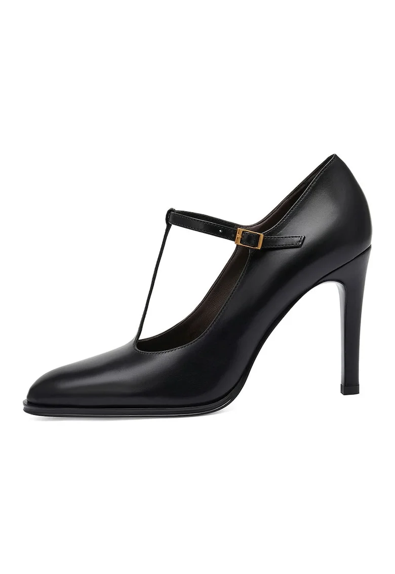Pantofi de piele cu bareta in T, Negru
