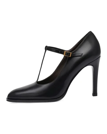 Pantofi de piele cu bareta in T, Negru
