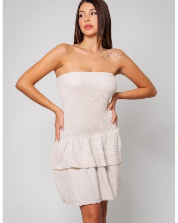 Rochie scurta din amestec de in si bumbac, Bej